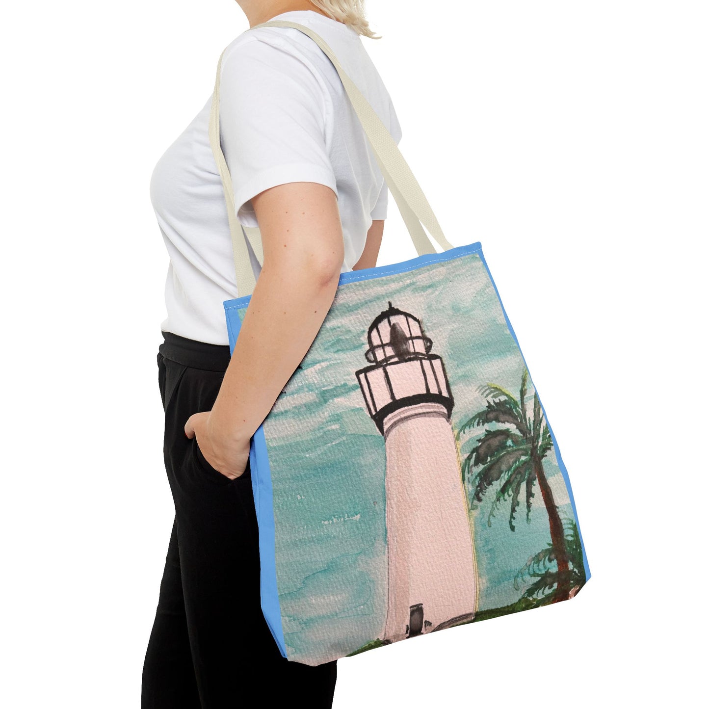Coastal Lighthouse Tote Bag — Beachy Palm Print All-Over-Print Tote