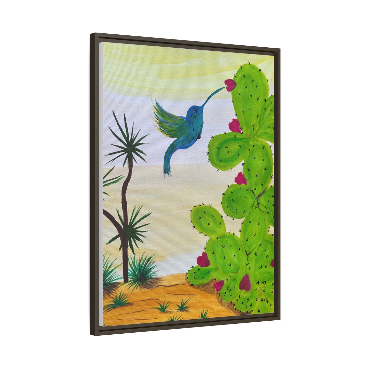 Tropical Cactus & Hummingbird Wall Art - Framed Matte Canvas
