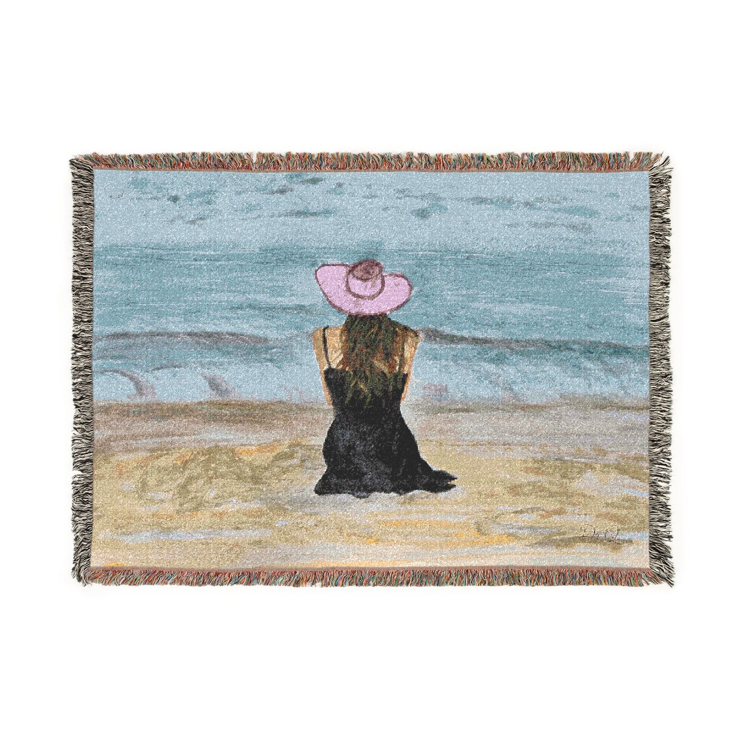 Beachside Woman Woven Blanket — Serene Seaside Throw with Pink Hat Design by Dr. Q