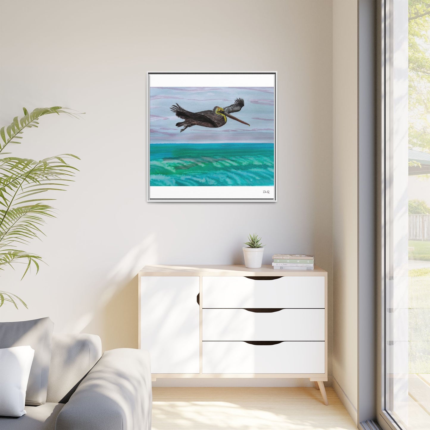 Brown Pelican Over Ocean Matte Framed Canvas Art