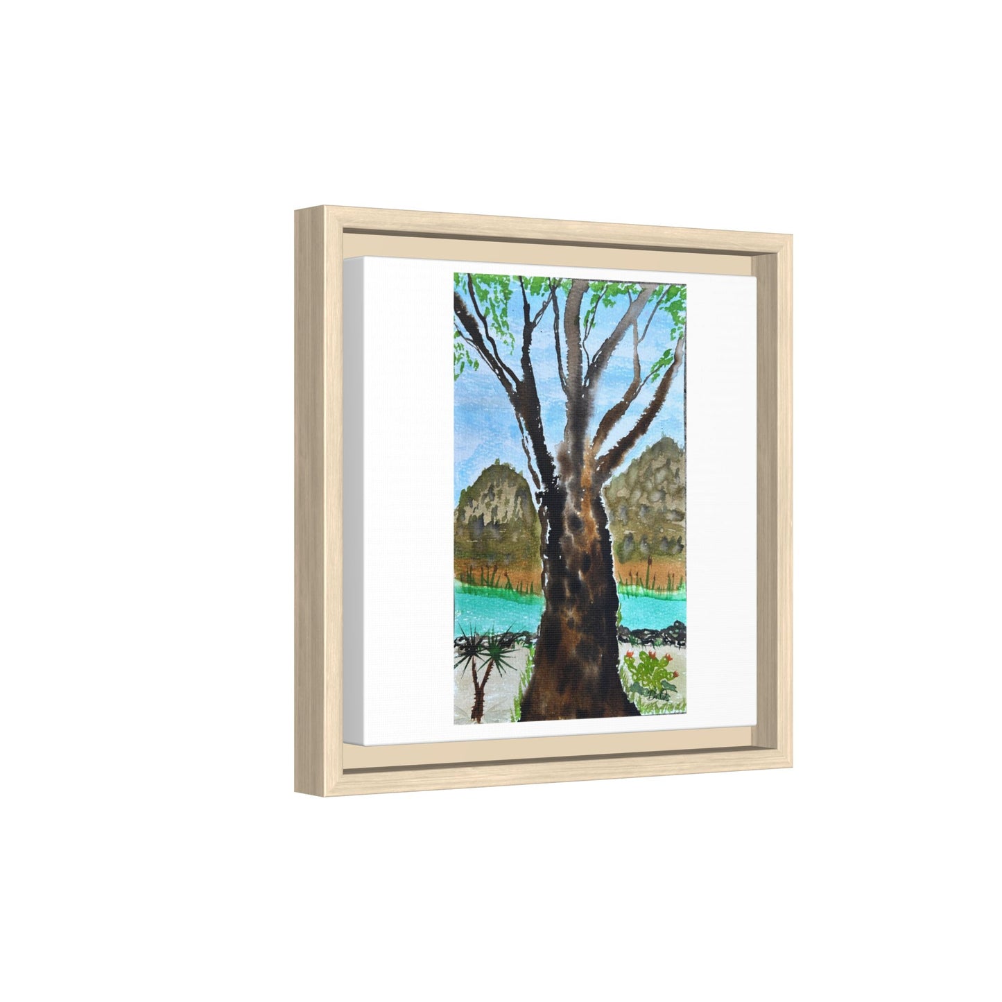 Tranquil Lakeside Tree Watercolor - Framed Matte Canvas Print by Dr. Q