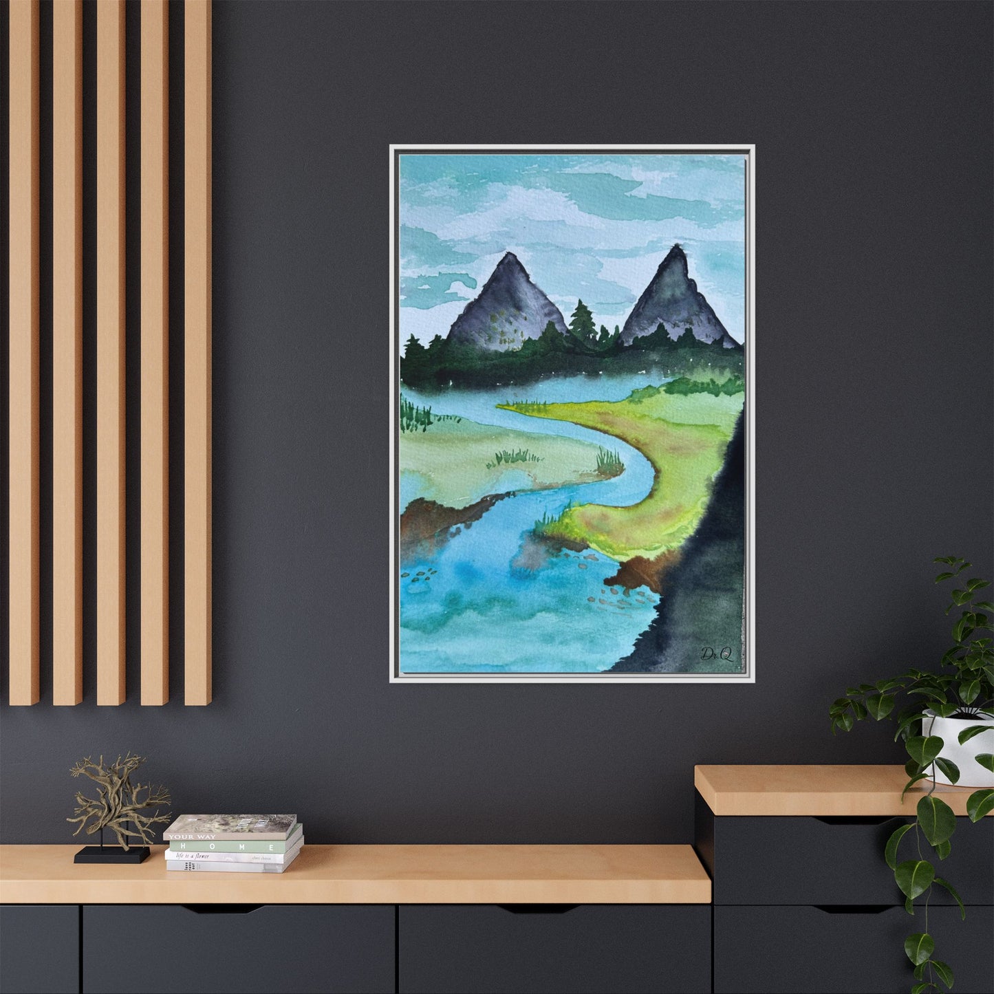 Mountain River Framed Canvas Watercolor Print by Dr. Q