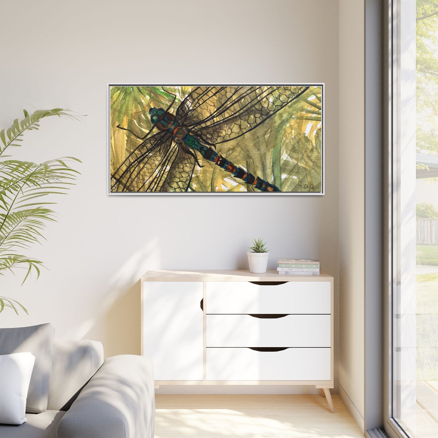 Dragonfly Framed Canvas Art — Botanical Watercolor Wall Decor
