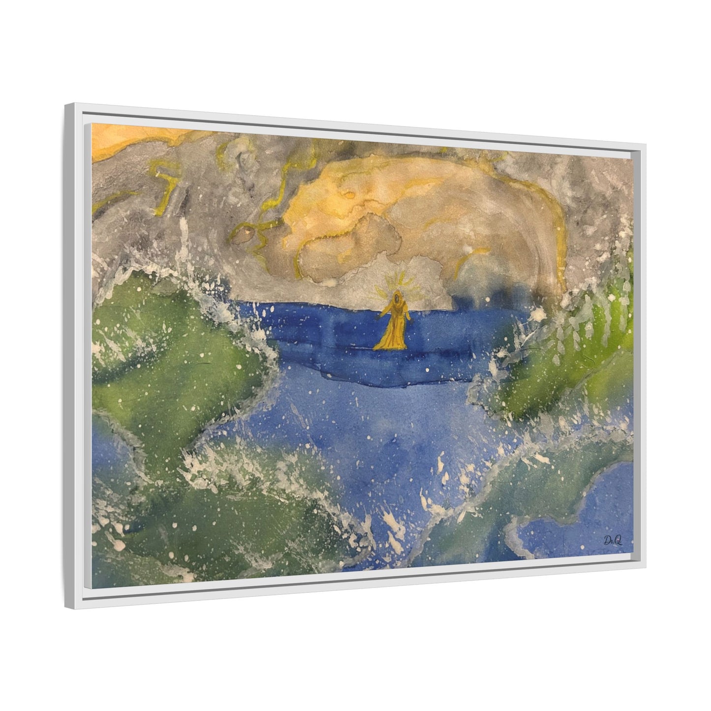 "Faith in the Storm" Framed Matte Canvas Seascape — Golden Sail at Sunset