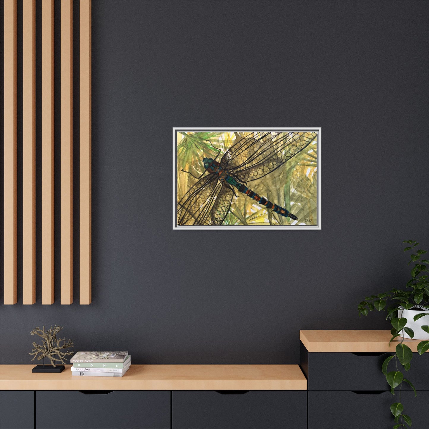 Dragonfly Framed Canvas Art — Botanical Watercolor Wall Decor
