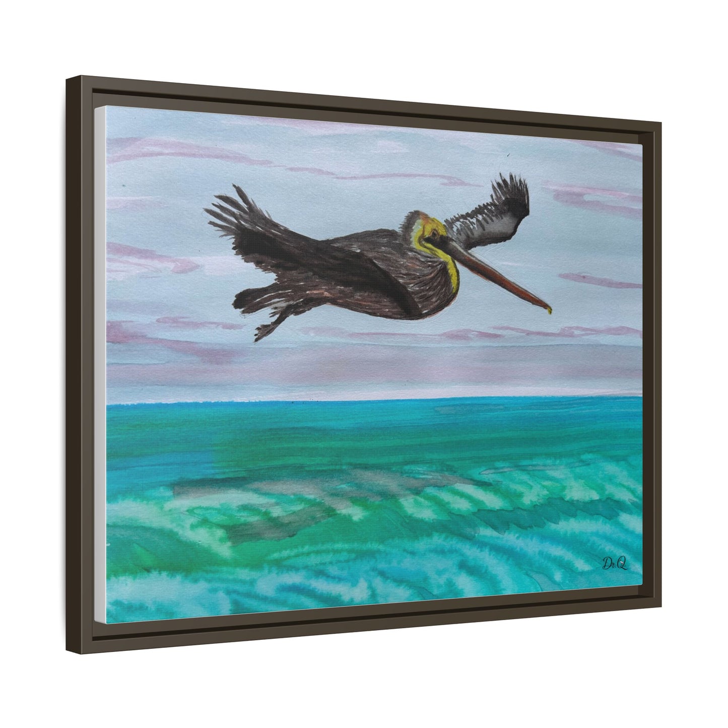 Brown Pelican Over Ocean Matte Framed Canvas Art