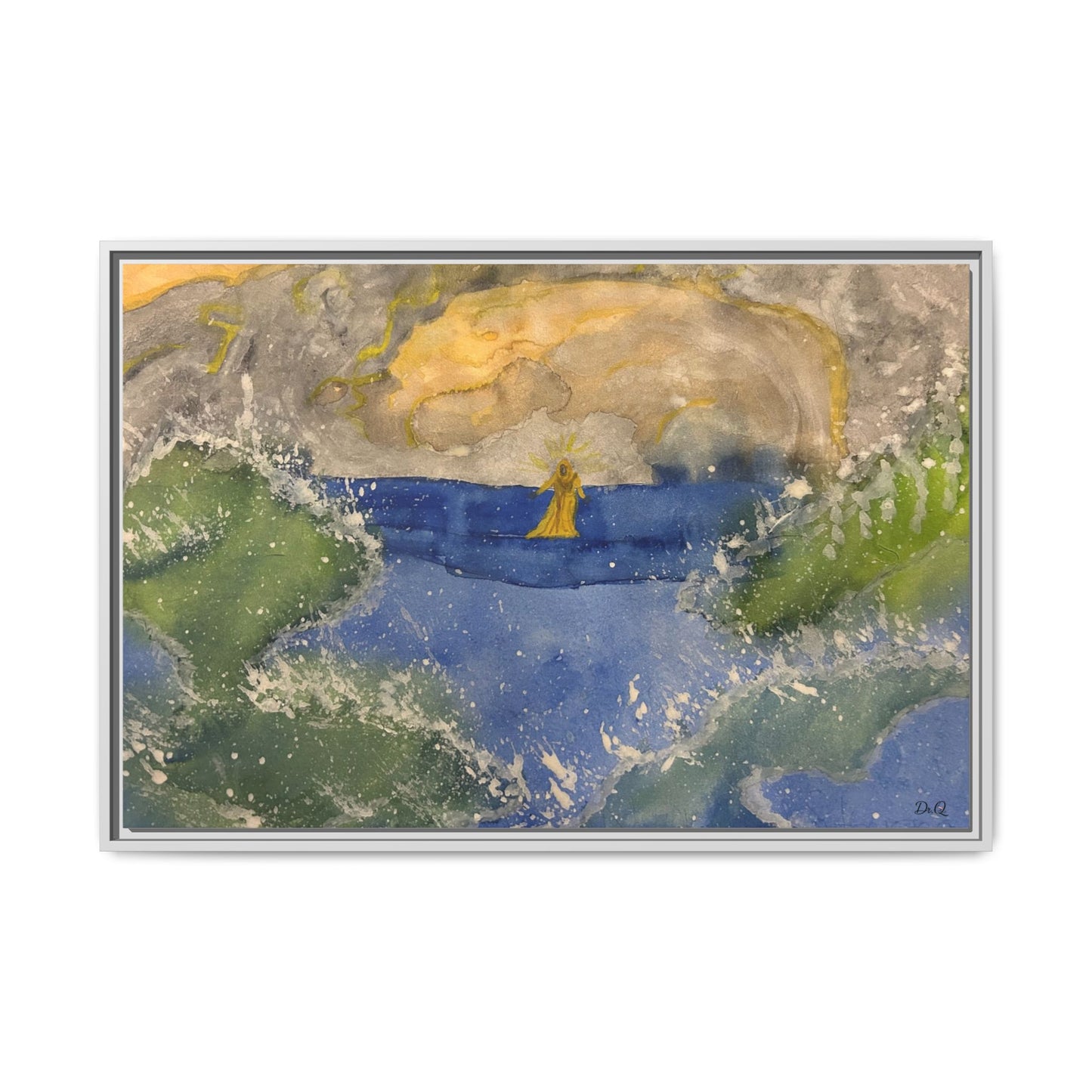 "Faith in the Storm" Framed Matte Canvas Seascape — Golden Sail at Sunset