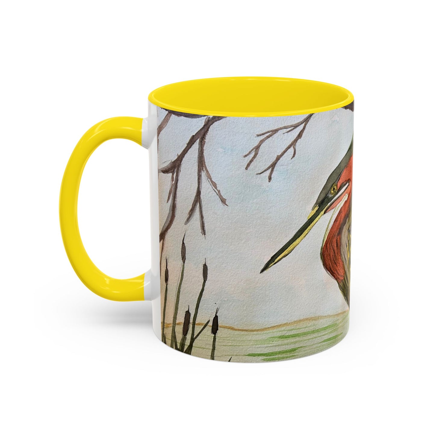 Green Heron Watercolor Accent Coffee Mug — Nature Bird Watercolor (11/15oz)