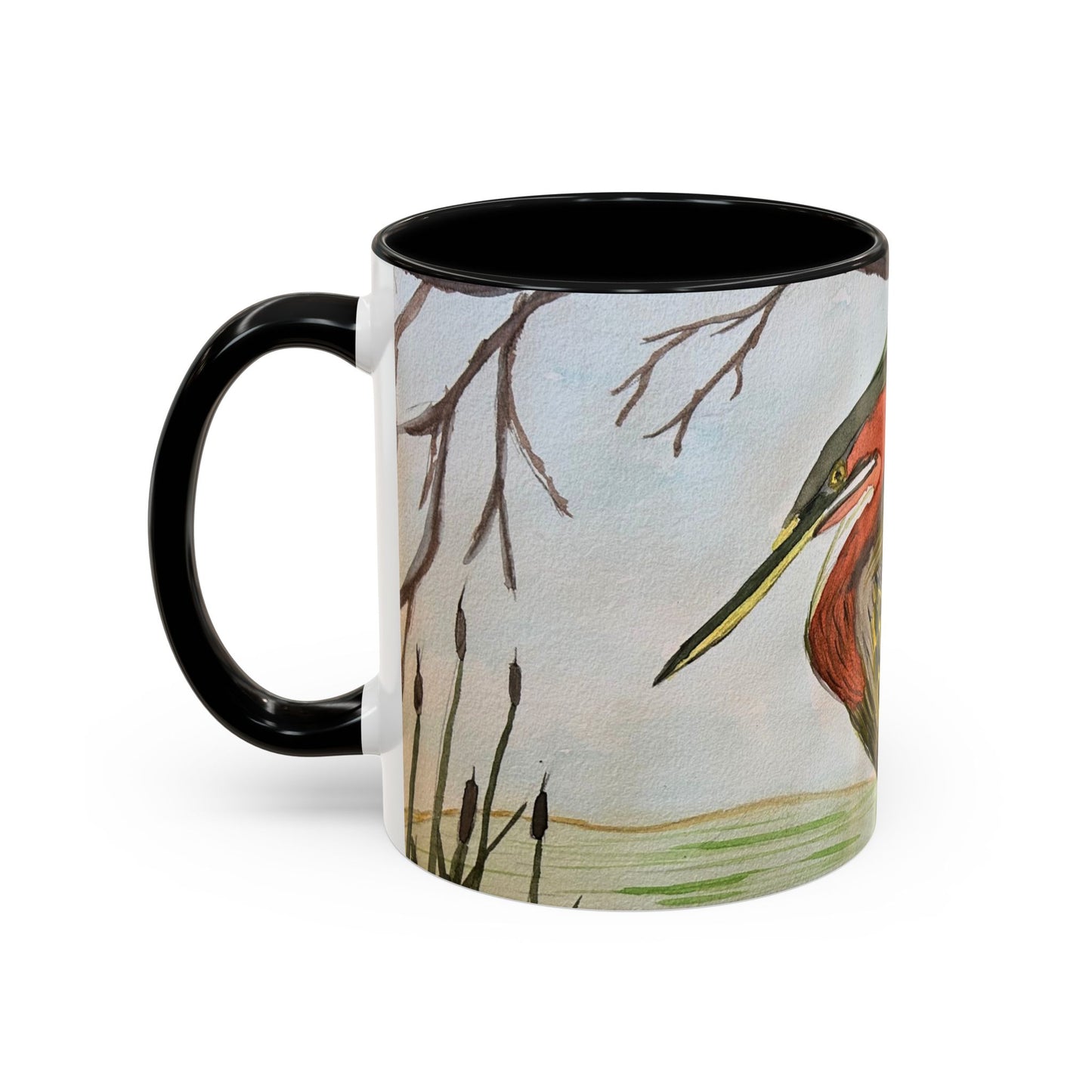 Green Heron Watercolor Accent Coffee Mug — Nature Bird Watercolor (11/15oz)