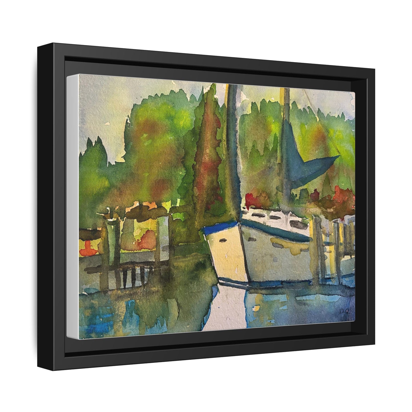 Sailboat Harbor Watercolor — Framed Matte Canvas Wall Art