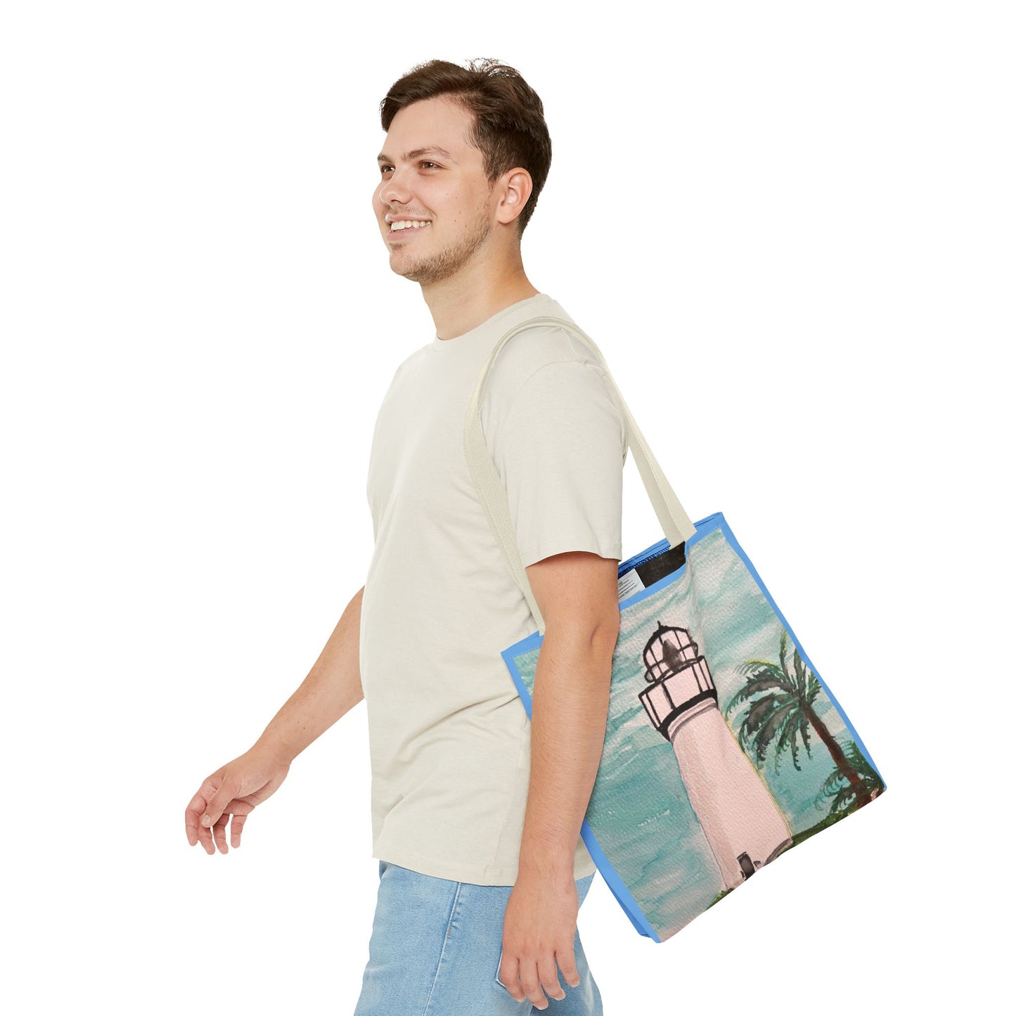 Coastal Lighthouse Tote Bag — Beachy Palm Print All-Over-Print Tote