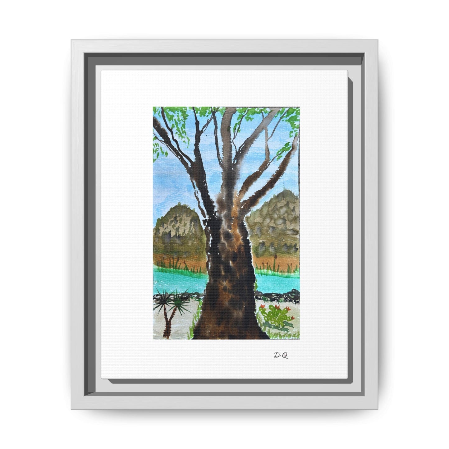 Tranquil Lakeside Tree Watercolor - Framed Matte Canvas Print by Dr. Q