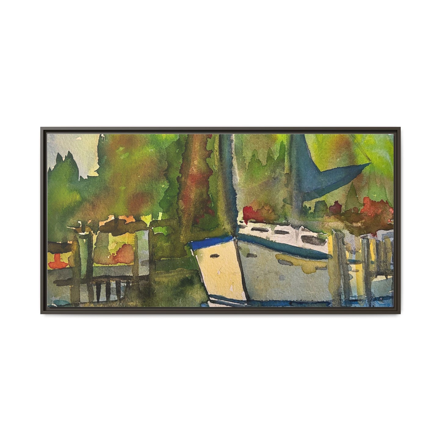 Sailboat Harbor Watercolor — Framed Matte Canvas Wall Art