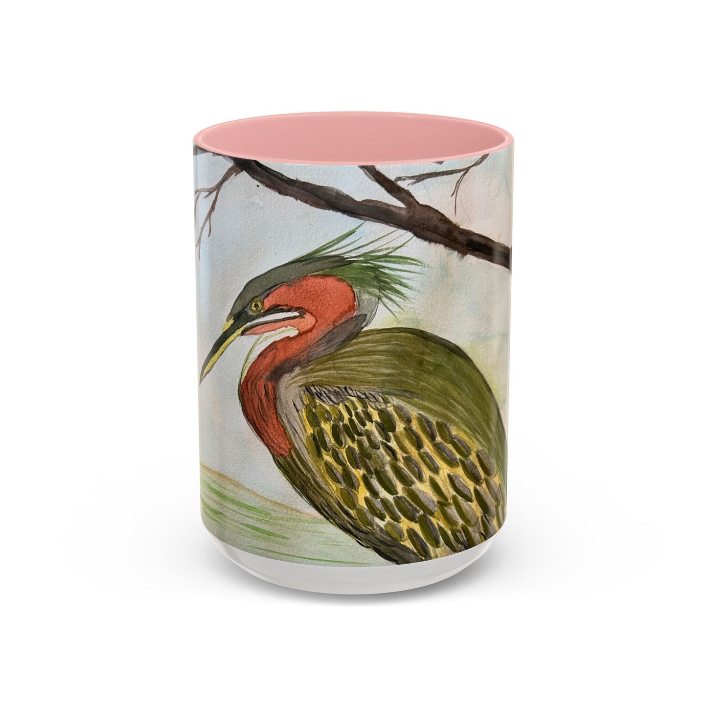 Green Heron Watercolor Accent Coffee Mug — Nature Bird Watercolor (11/15oz)