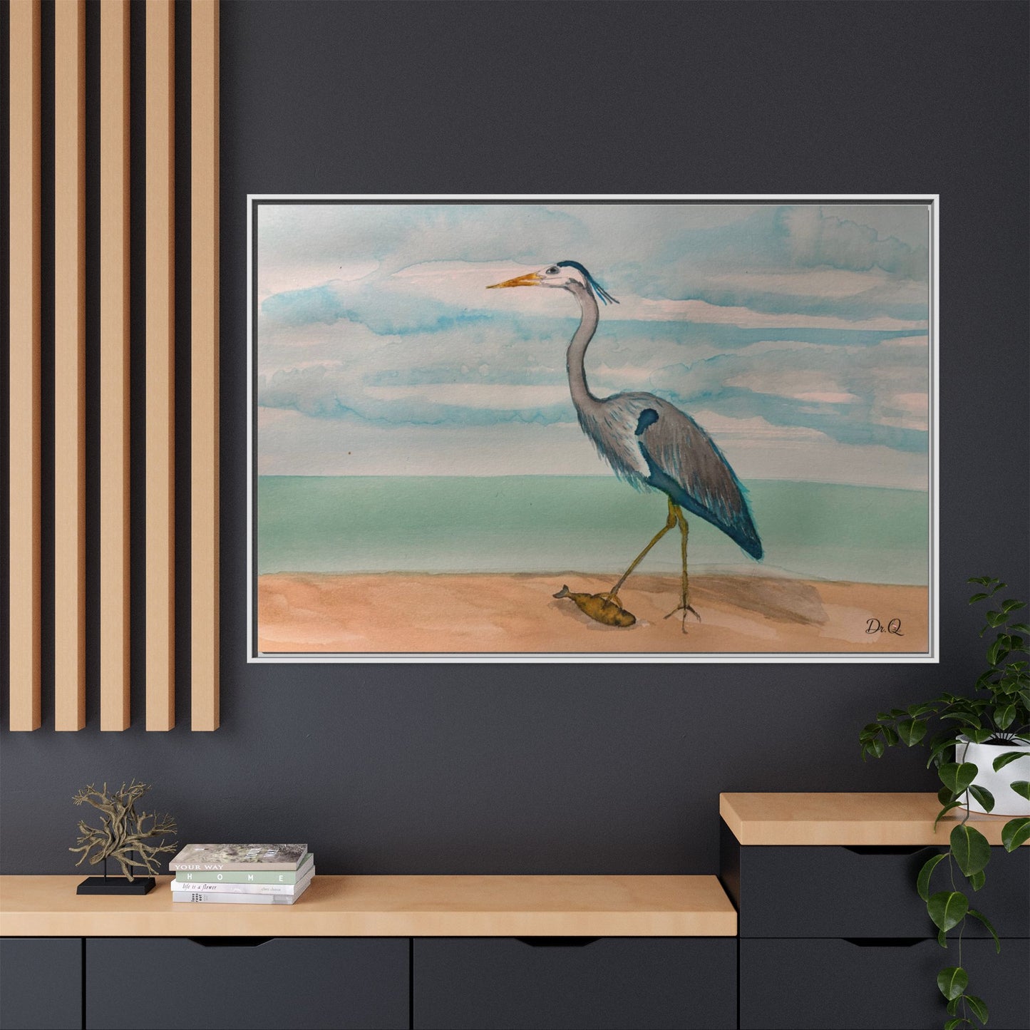 Framed Heron Beach Matte Canvas — Coastal Watercolor Wall Art