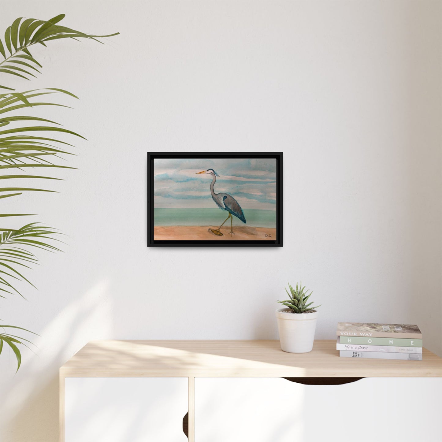 Framed Heron Beach Matte Canvas — Coastal Watercolor Wall Art