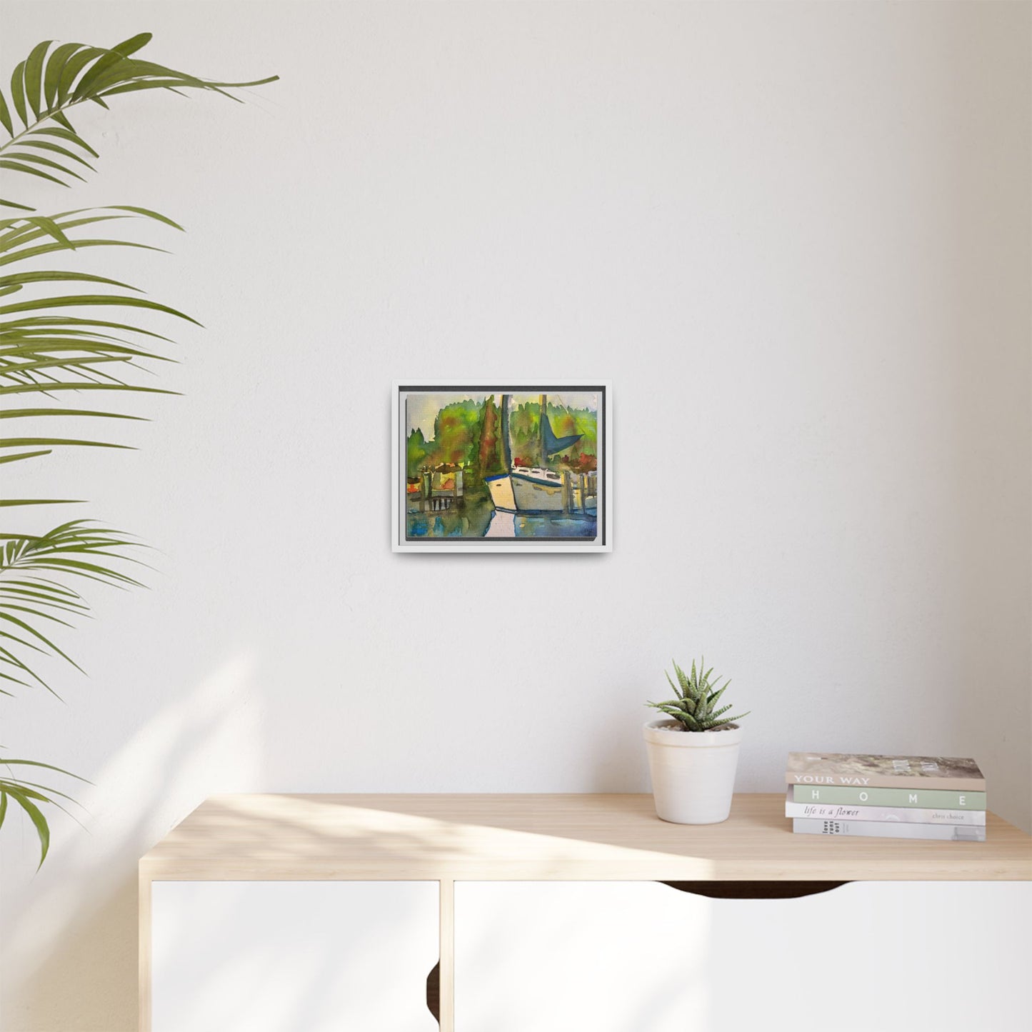 Sailboat Harbor Watercolor — Framed Matte Canvas Wall Art