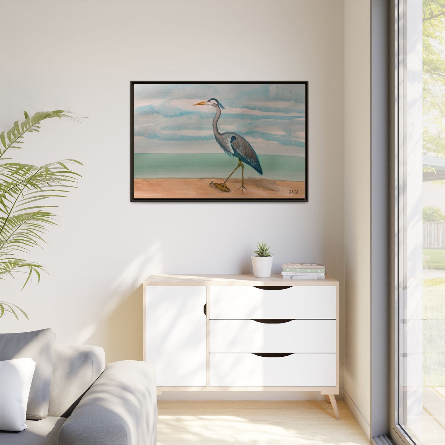 Framed Heron Beach Matte Canvas — Coastal Watercolor Wall Art
