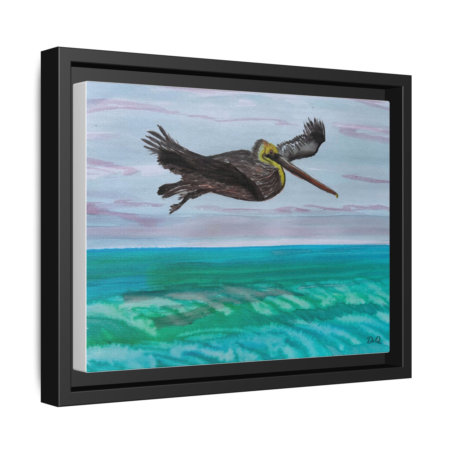 Brown Pelican Over Ocean Matte Framed Canvas Art