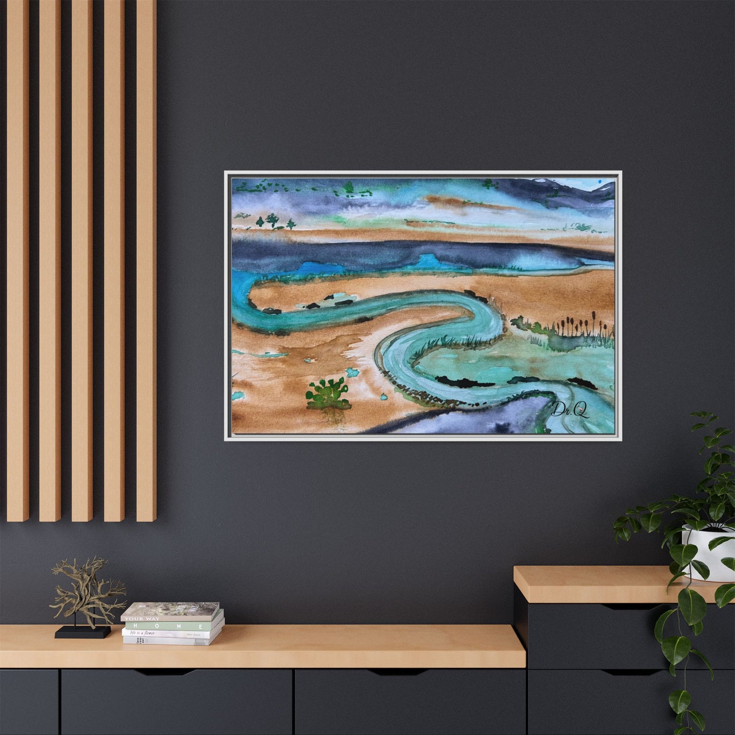 Winding River by Dr. Q - Framed Matte Canvas Watercolor Wall Art