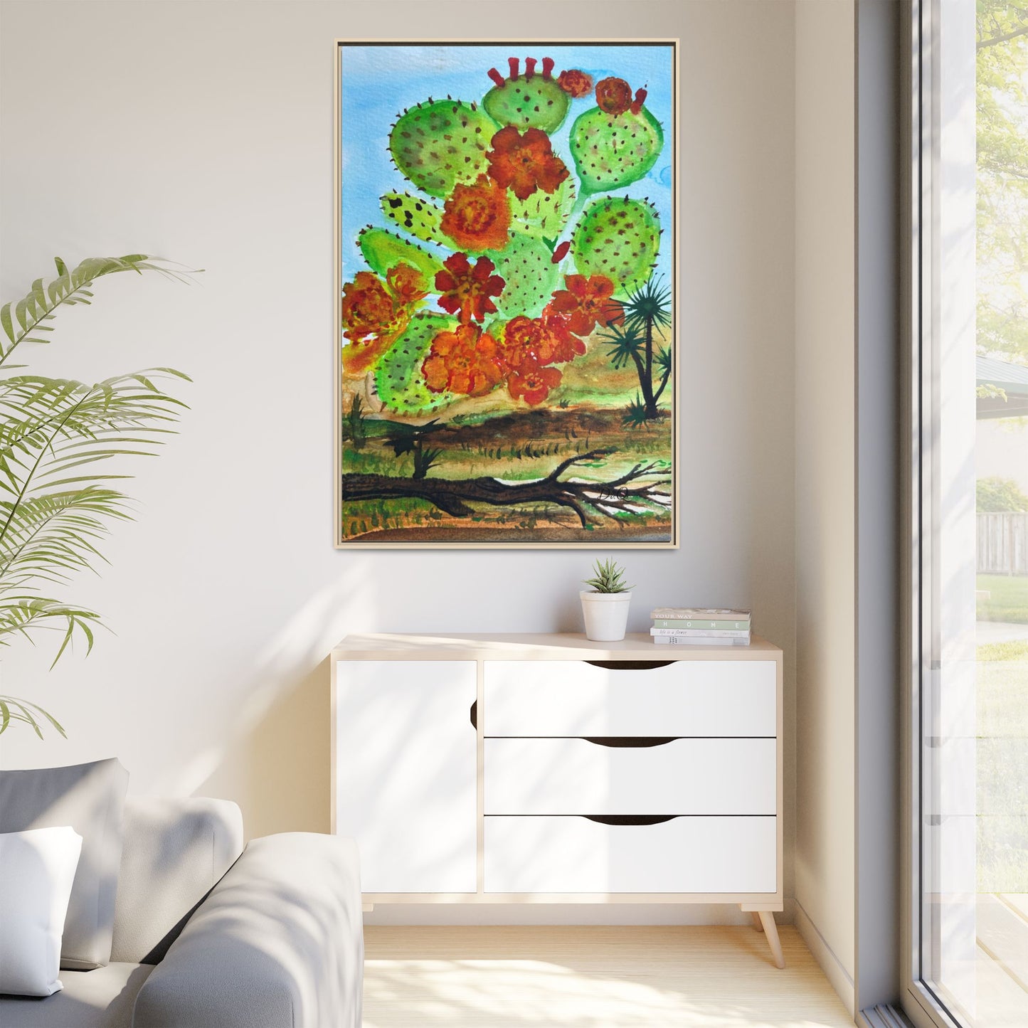Prickly Pear Cactus Framed Canvas Print — Vertical Botanical Wall Art