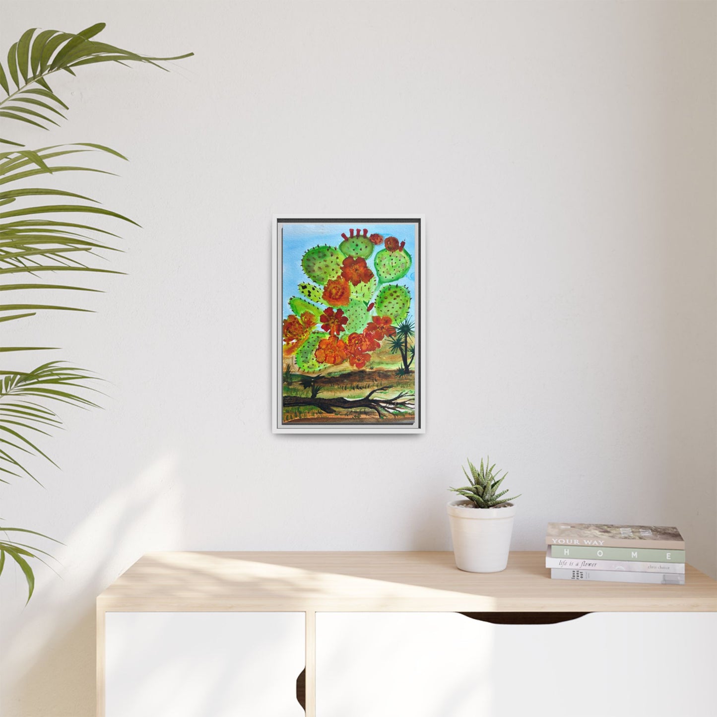 Prickly Pear Cactus Framed Canvas Print — Vertical Botanical Wall Art