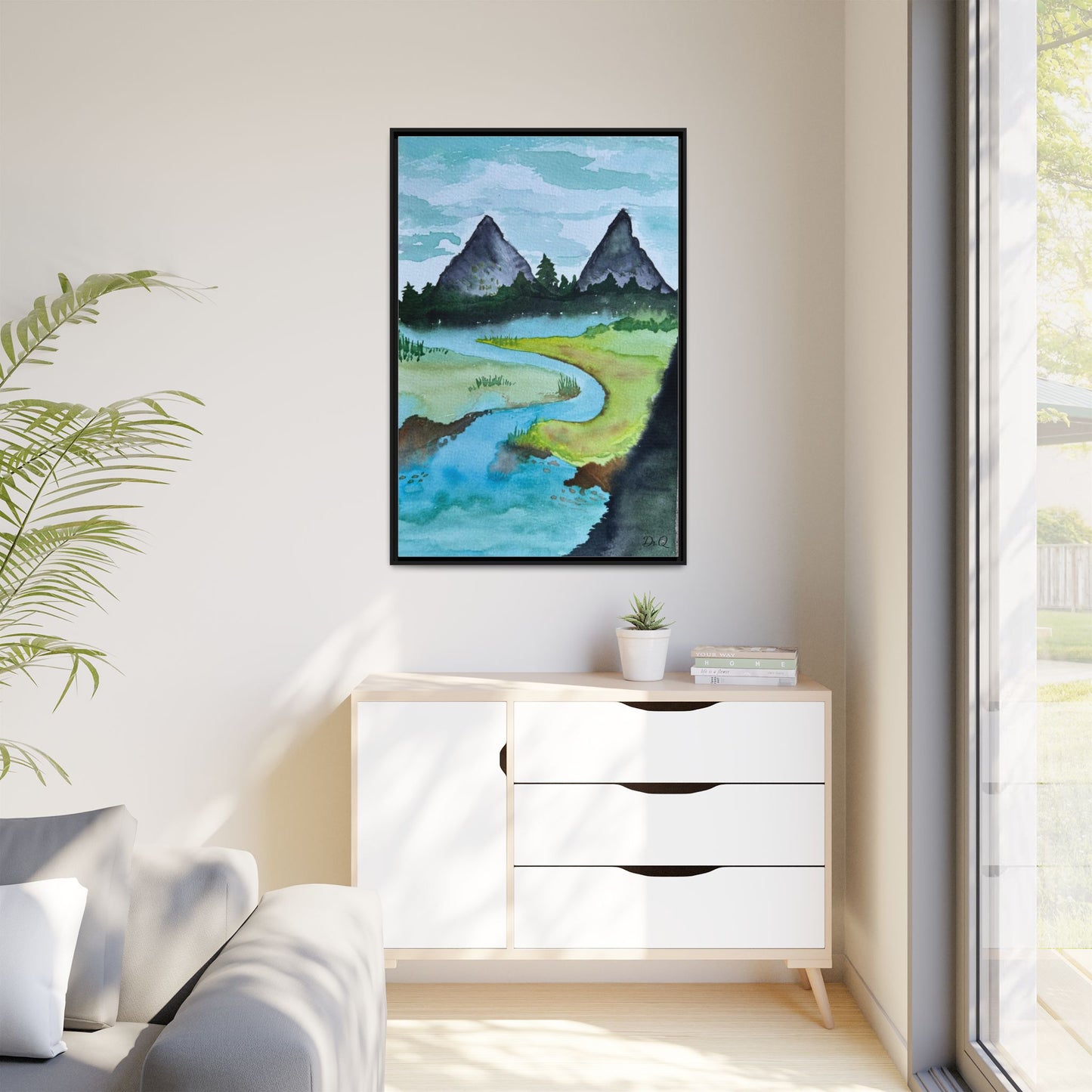 Mountain River Framed Canvas Watercolor Print by Dr. Q