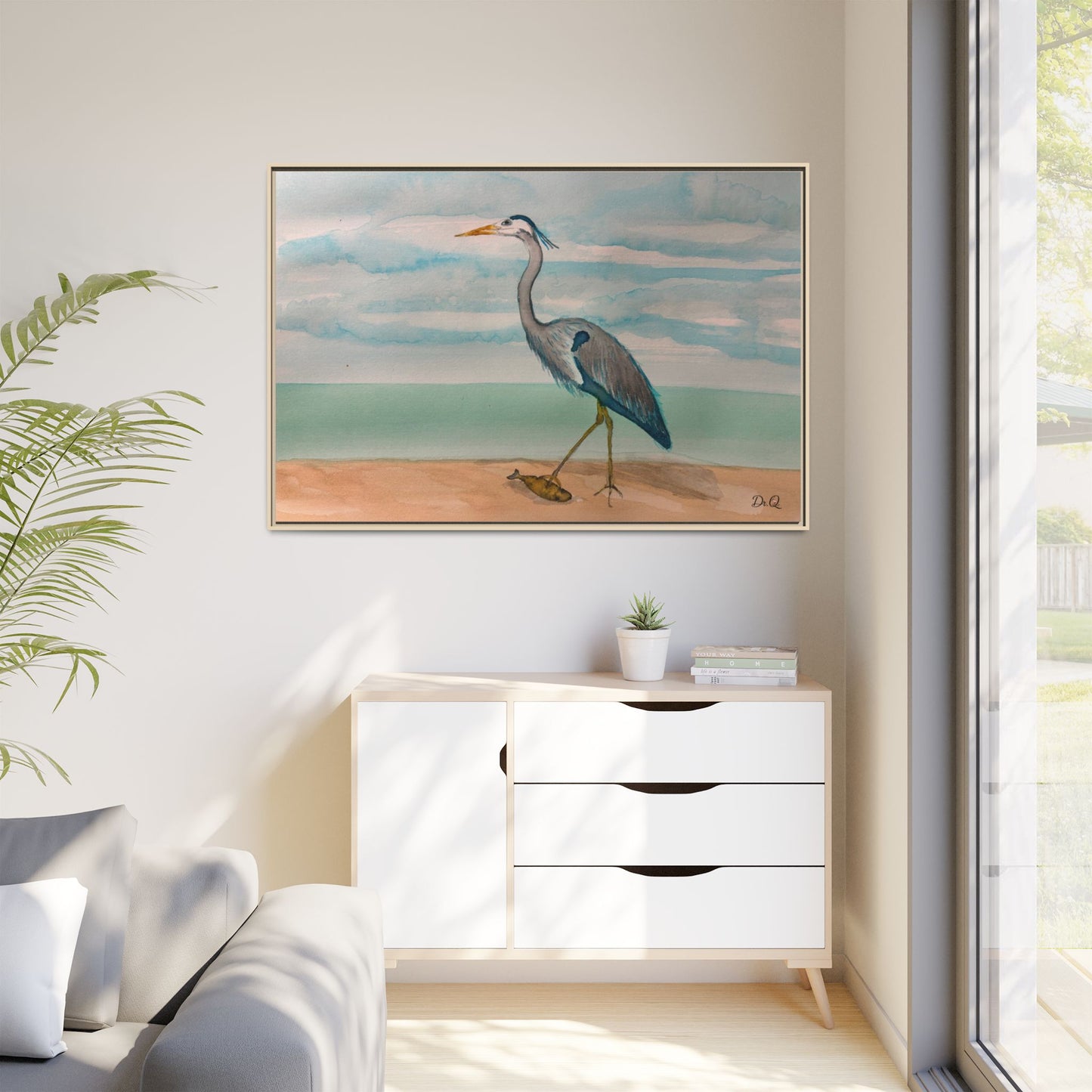 Framed Heron Beach Matte Canvas — Coastal Watercolor Wall Art