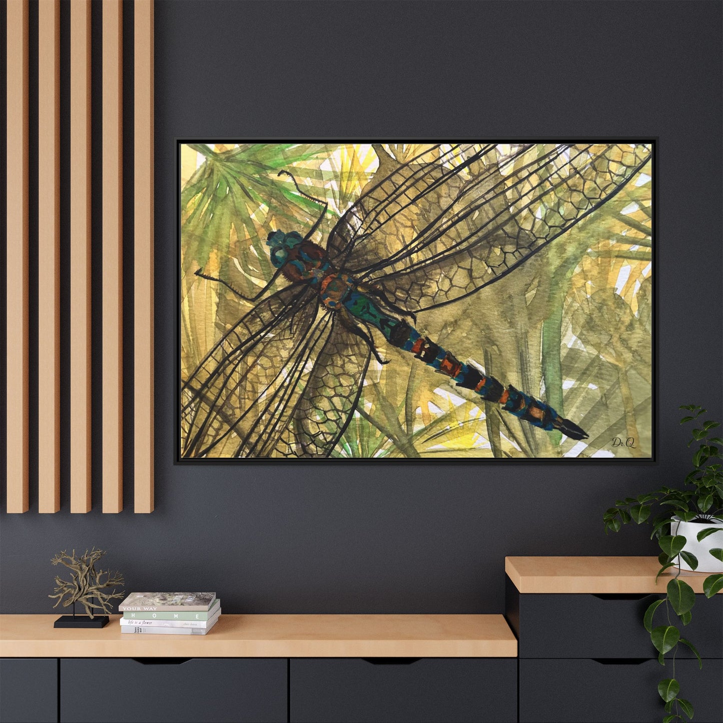 Dragonfly Framed Canvas Art — Botanical Watercolor Wall Decor