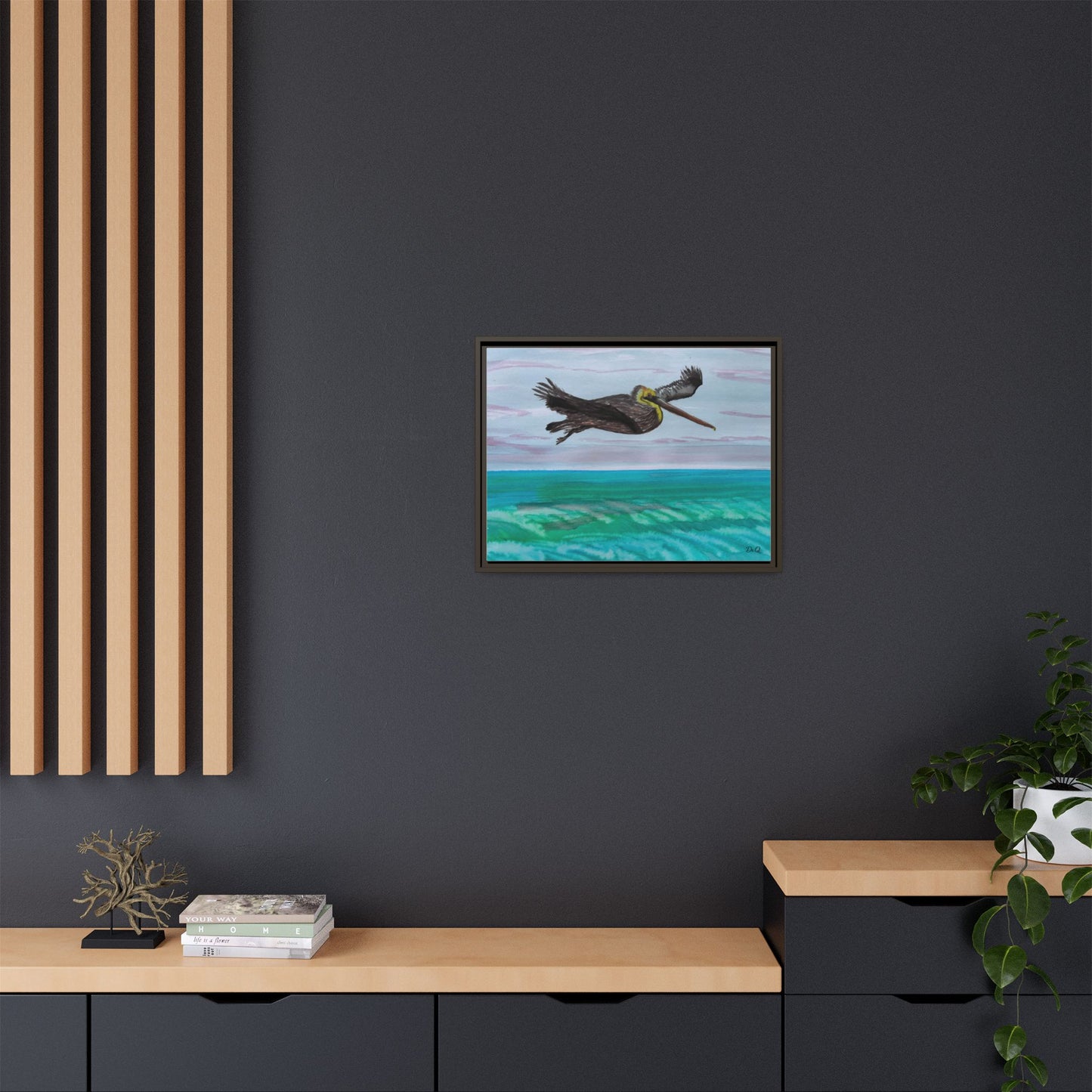 Brown Pelican Over Ocean Matte Framed Canvas Art