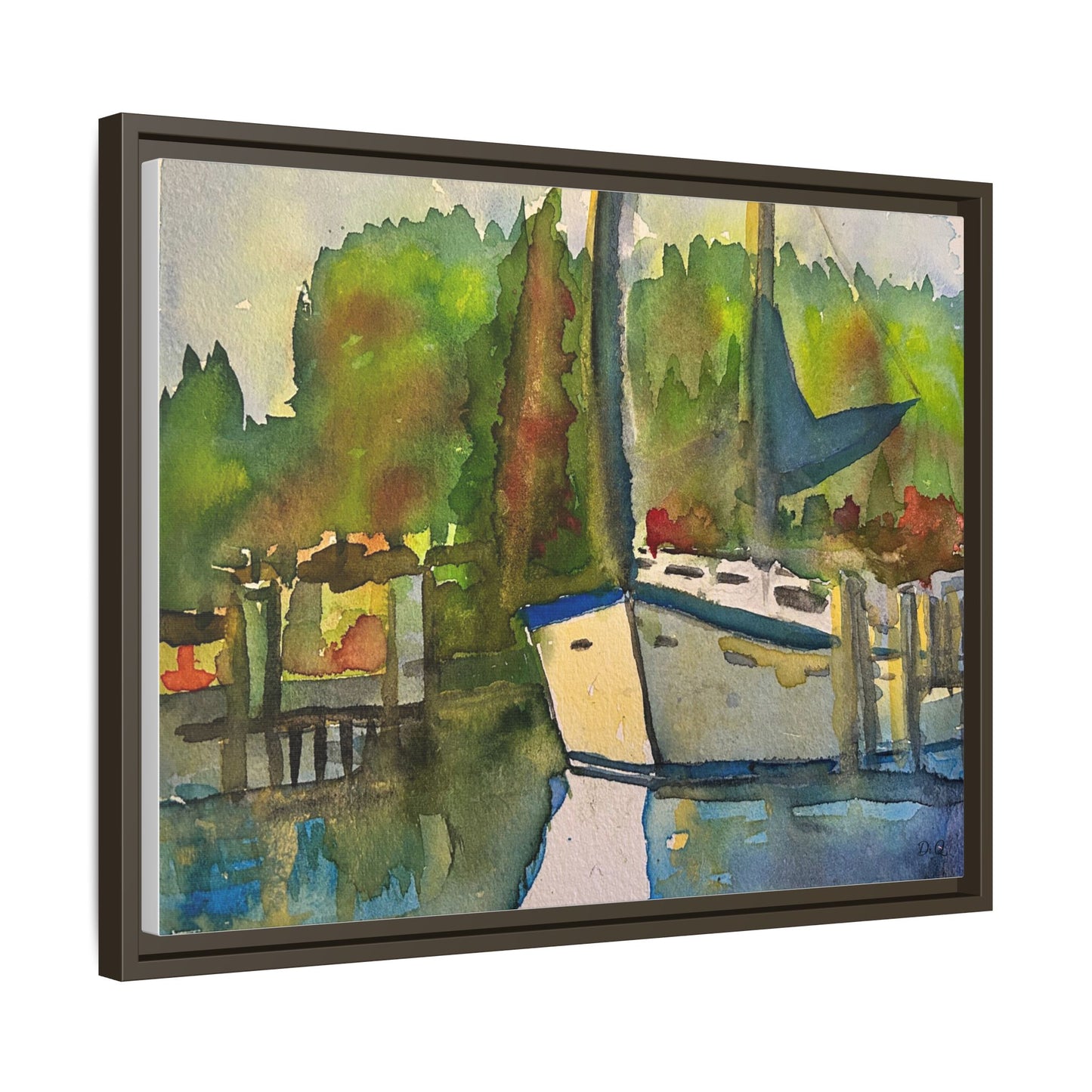 Sailboat Harbor Watercolor — Framed Matte Canvas Wall Art