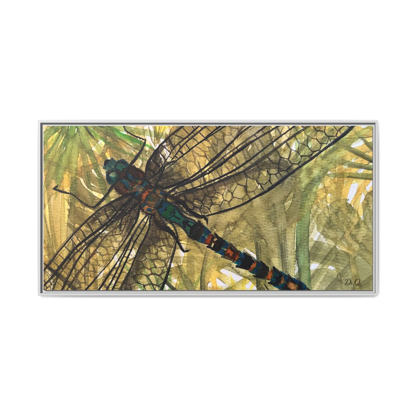 Dragonfly Framed Canvas Art — Botanical Watercolor Wall Decor