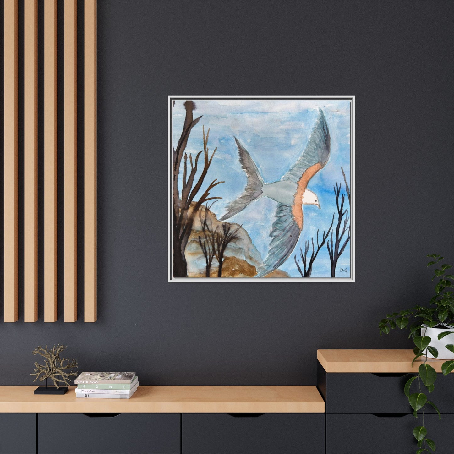 Framed Matte Canvas Wall Art — Soaring Seagull Coastal Print