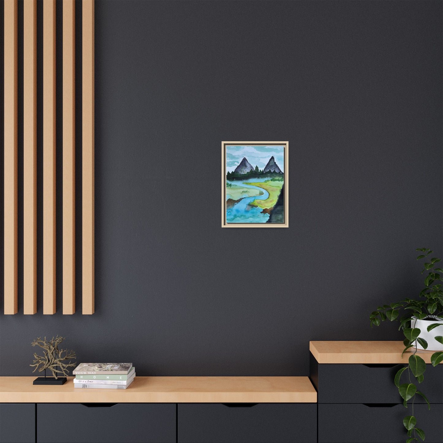 Mountain River Framed Canvas Watercolor Print by Dr. Q