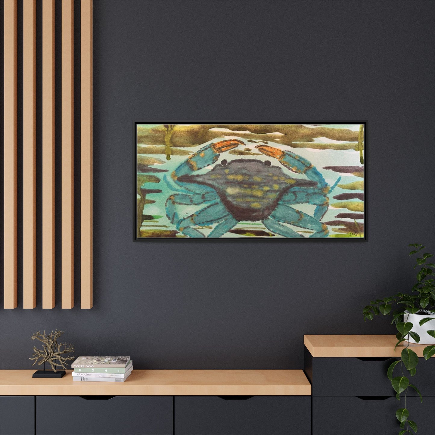 Blue Crab Coastal Art Print — Matte Framed Canvas