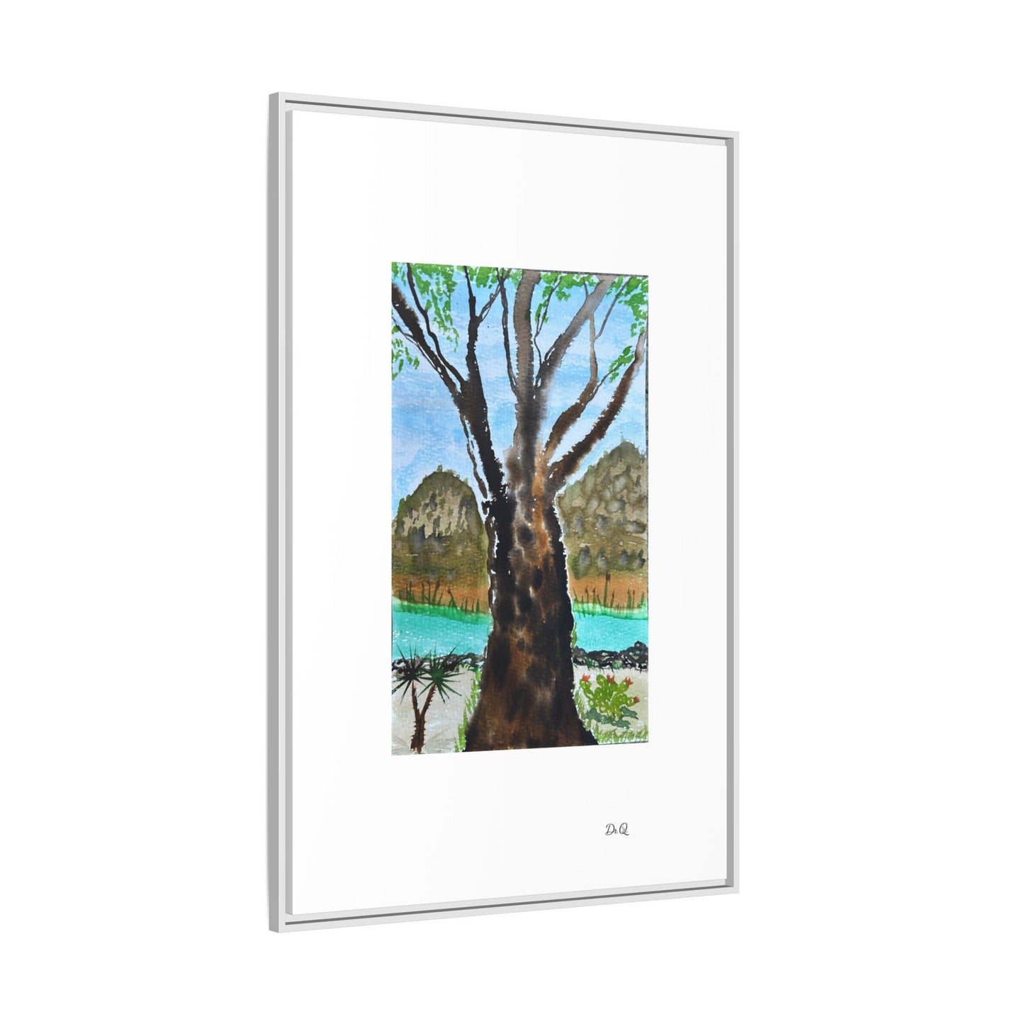 Tranquil Lakeside Tree Watercolor - Framed Matte Canvas Print by Dr. Q
