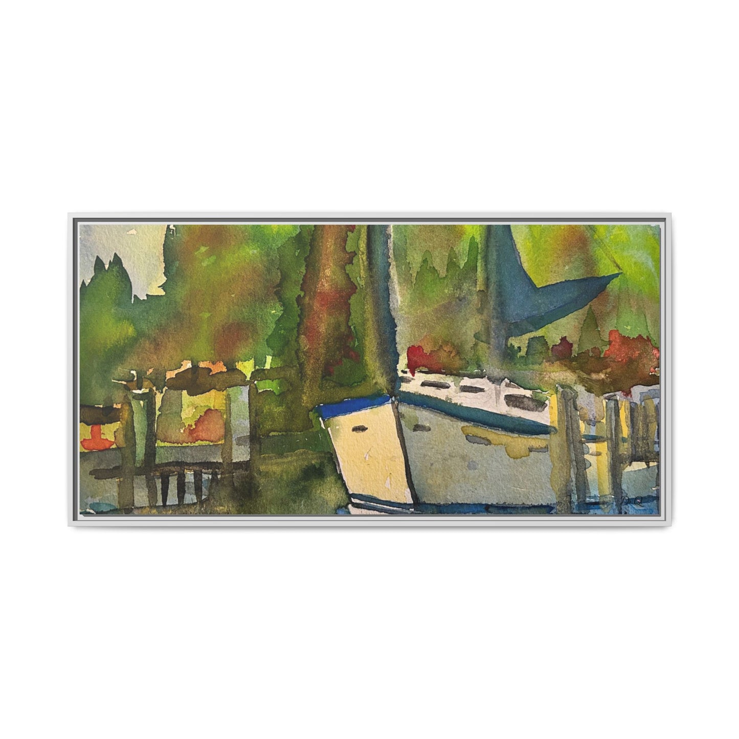 Sailboat Harbor Watercolor — Framed Matte Canvas Wall Art