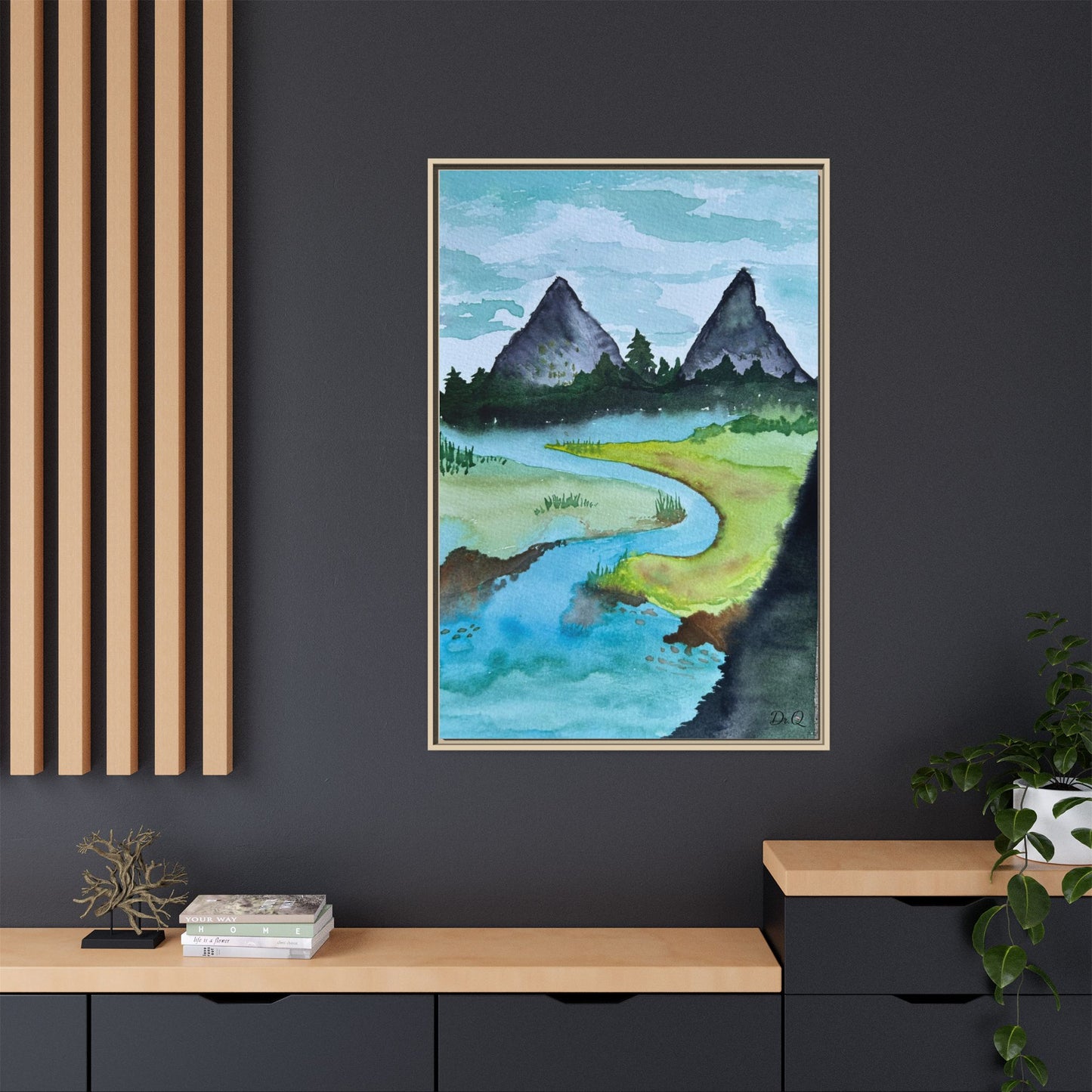 Mountain River Framed Canvas Watercolor Print by Dr. Q