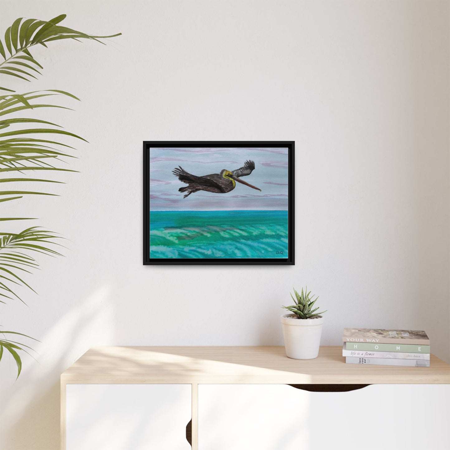 Brown Pelican Over Ocean Matte Framed Canvas Art