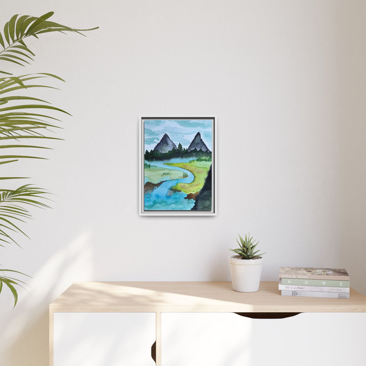 Mountain River Framed Canvas Watercolor Print by Dr. Q