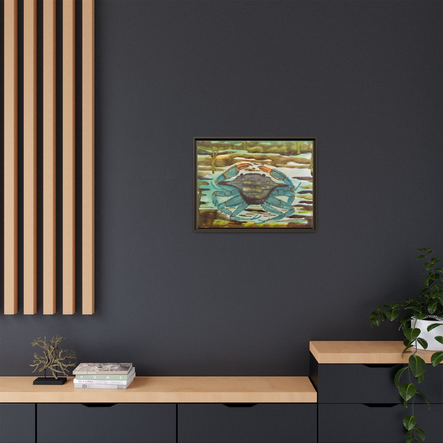 Blue Crab Coastal Art Print — Matte Framed Canvas
