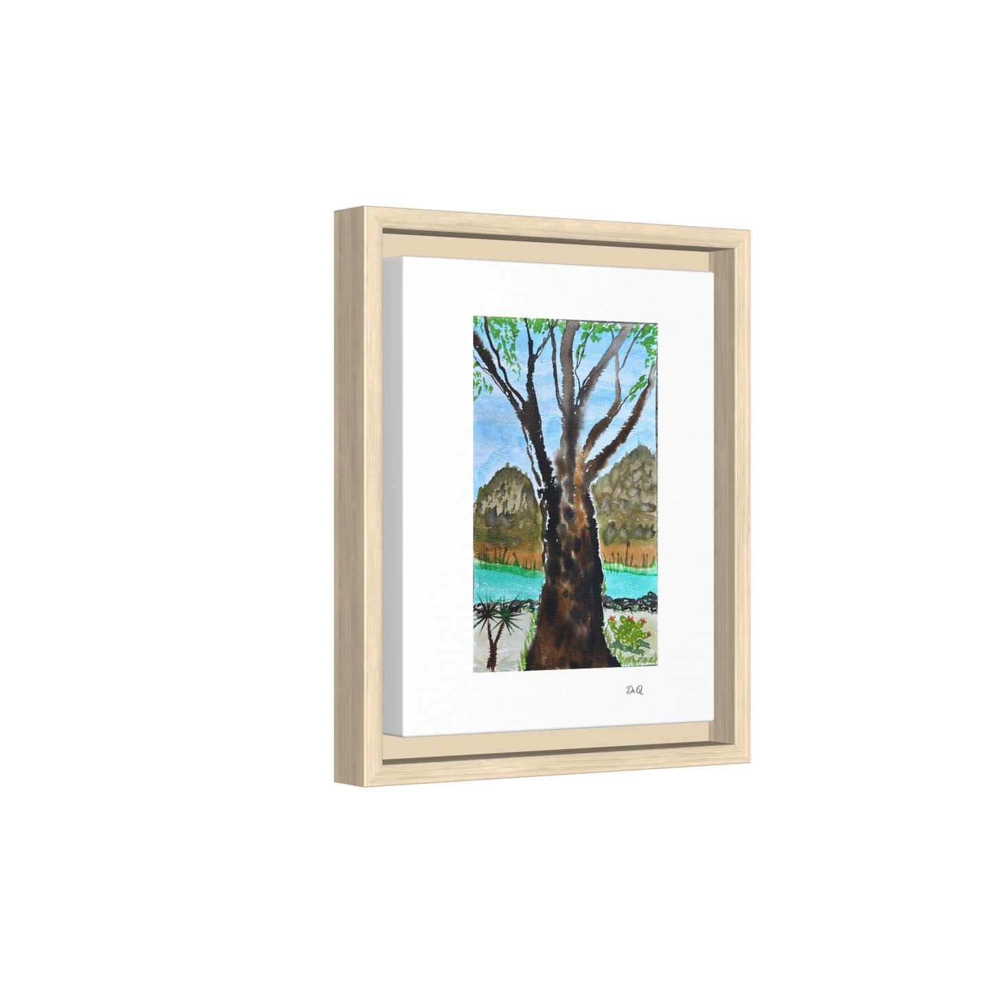 Tranquil Lakeside Tree Watercolor - Framed Matte Canvas Print by Dr. Q