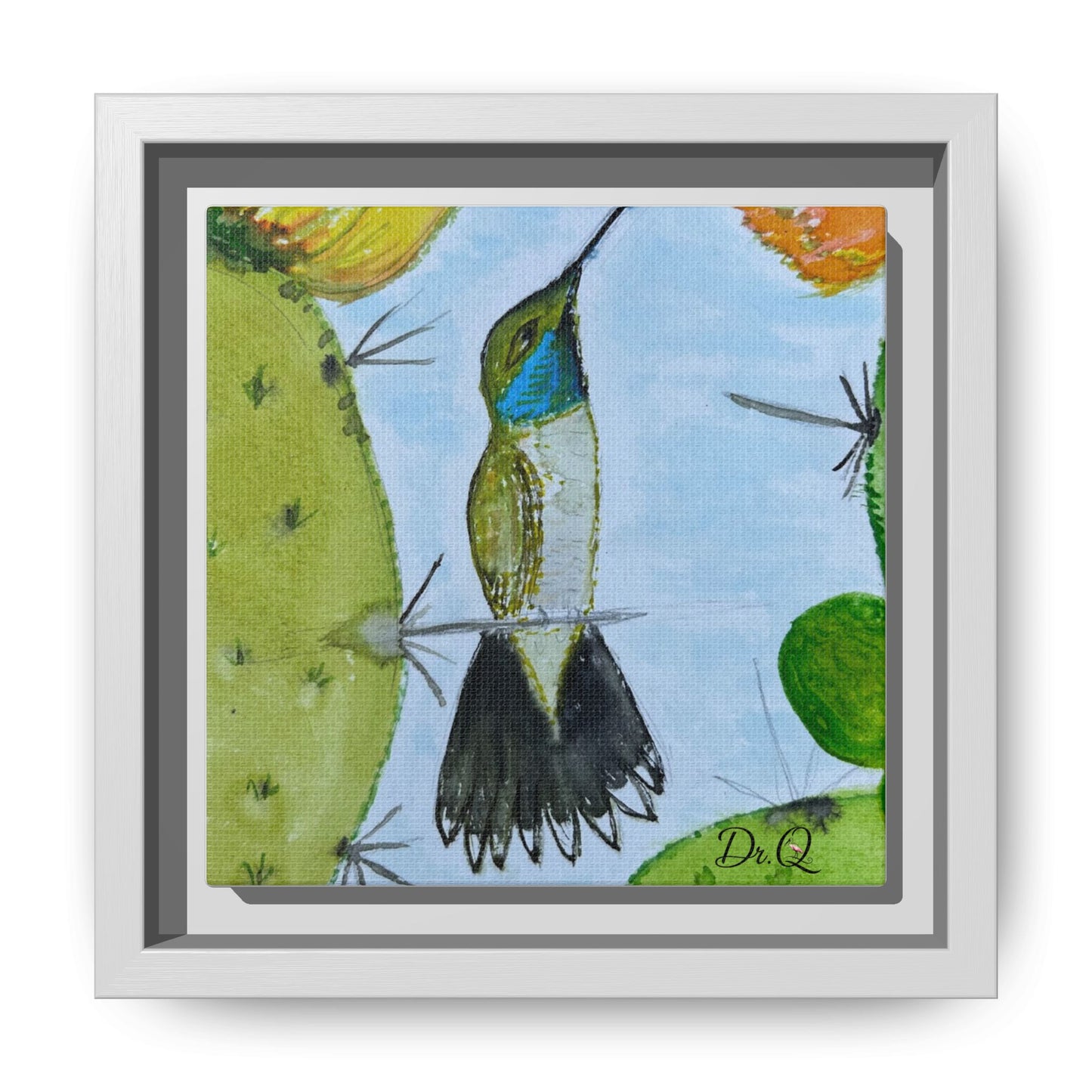 Framed Hummingbird Cactus Watercolor Print on Canvas by Dr. Q — Floral Desert Wall Art