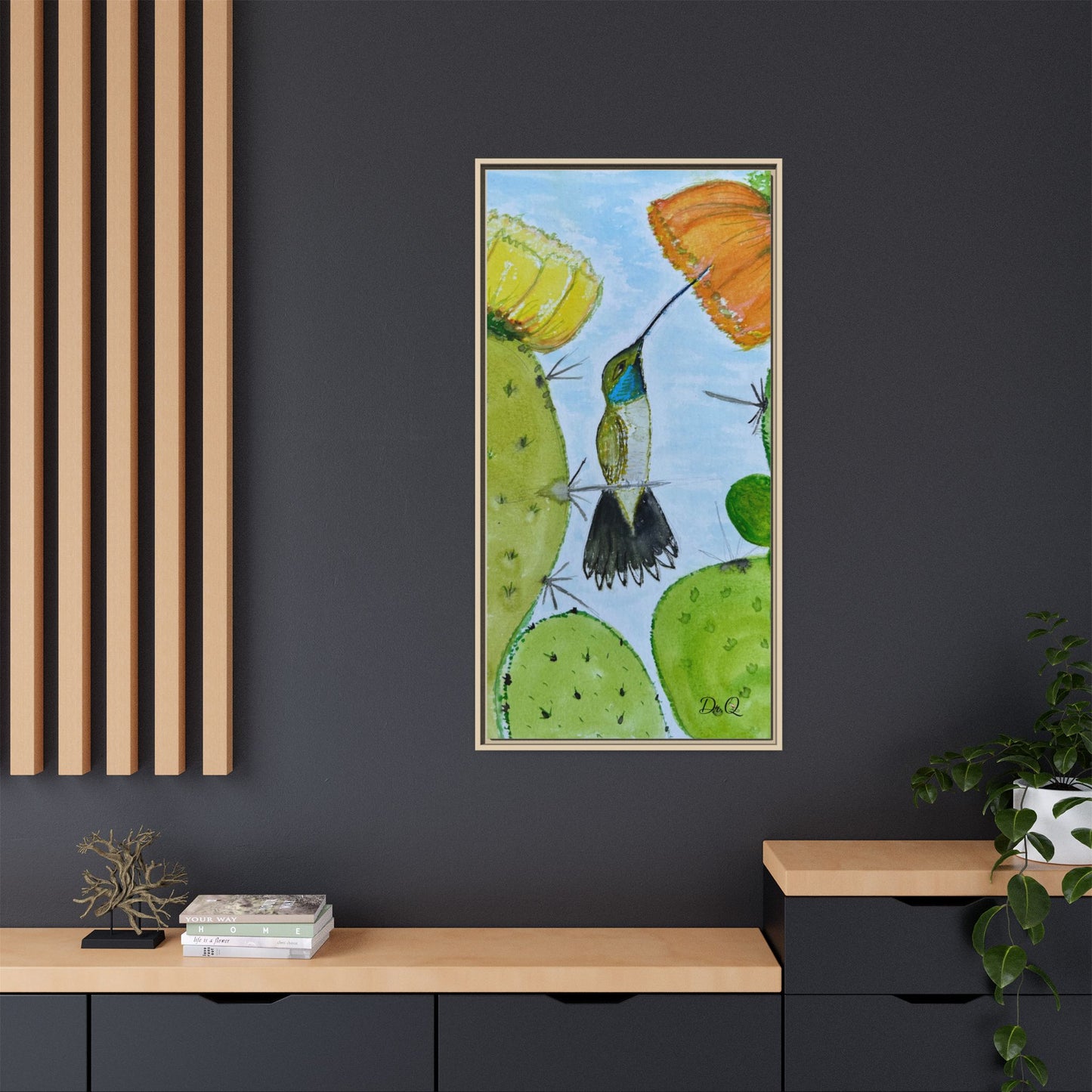 Framed Hummingbird Cactus Watercolor Print on Canvas by Dr. Q — Floral Desert Wall Art