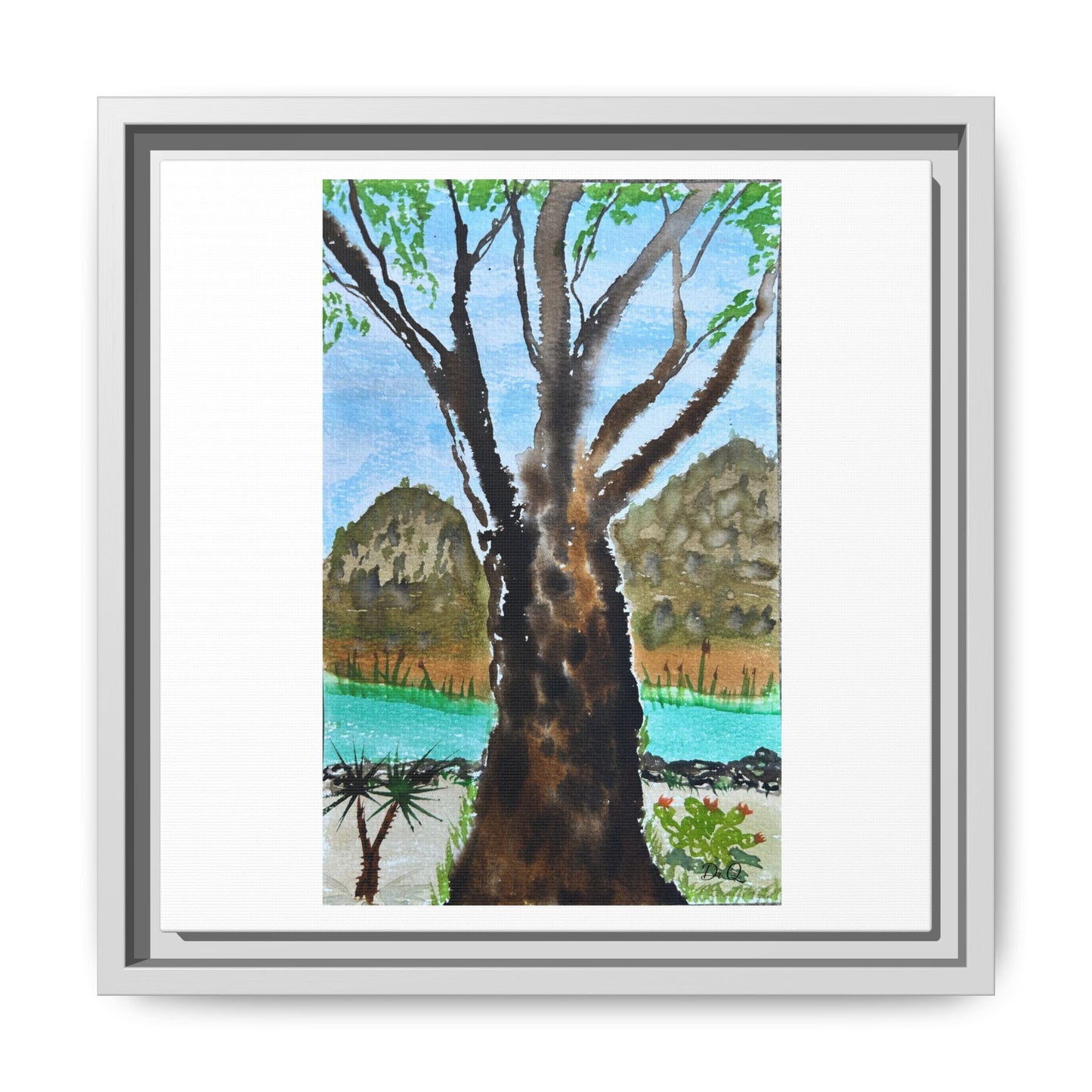 Tranquil Lakeside Tree Watercolor - Framed Matte Canvas Print by Dr. Q