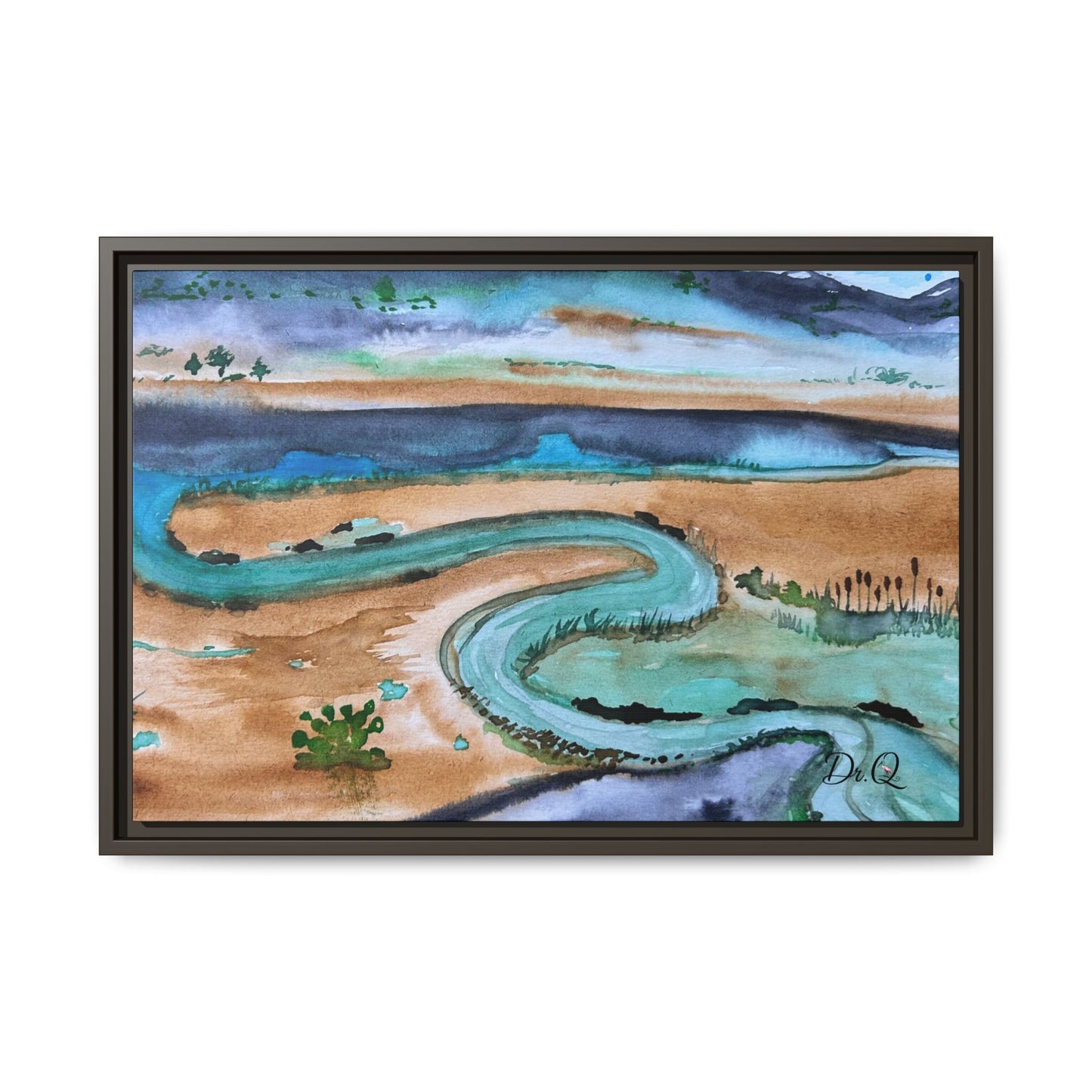 Winding River by Dr. Q - Framed Matte Canvas Watercolor Wall Art
