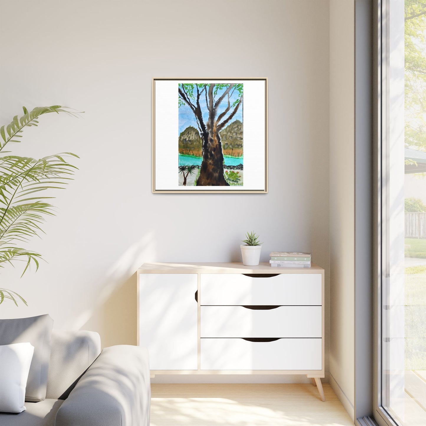 Tranquil Lakeside Tree Watercolor - Framed Matte Canvas Print by Dr. Q