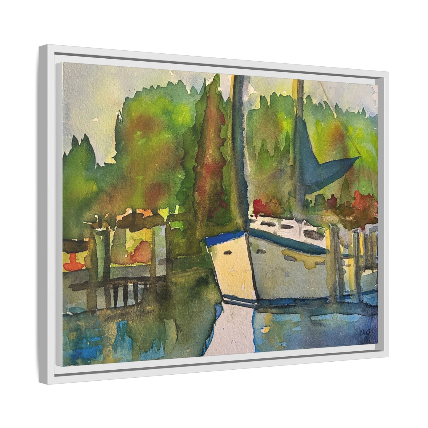 Sailboat Harbor Watercolor — Framed Matte Canvas Wall Art