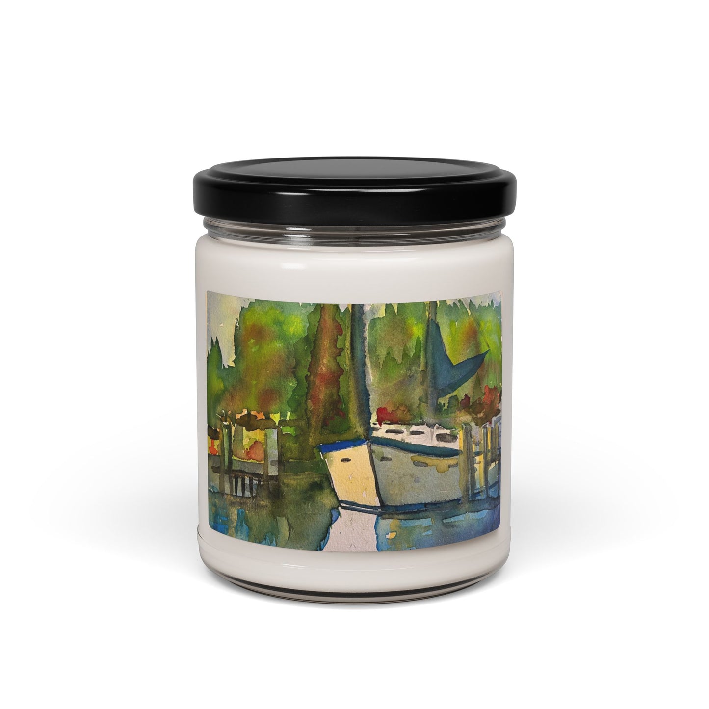 Sailboat Harbor Soy Candle — 9oz Scented Jar with Coastal Watercolor Design