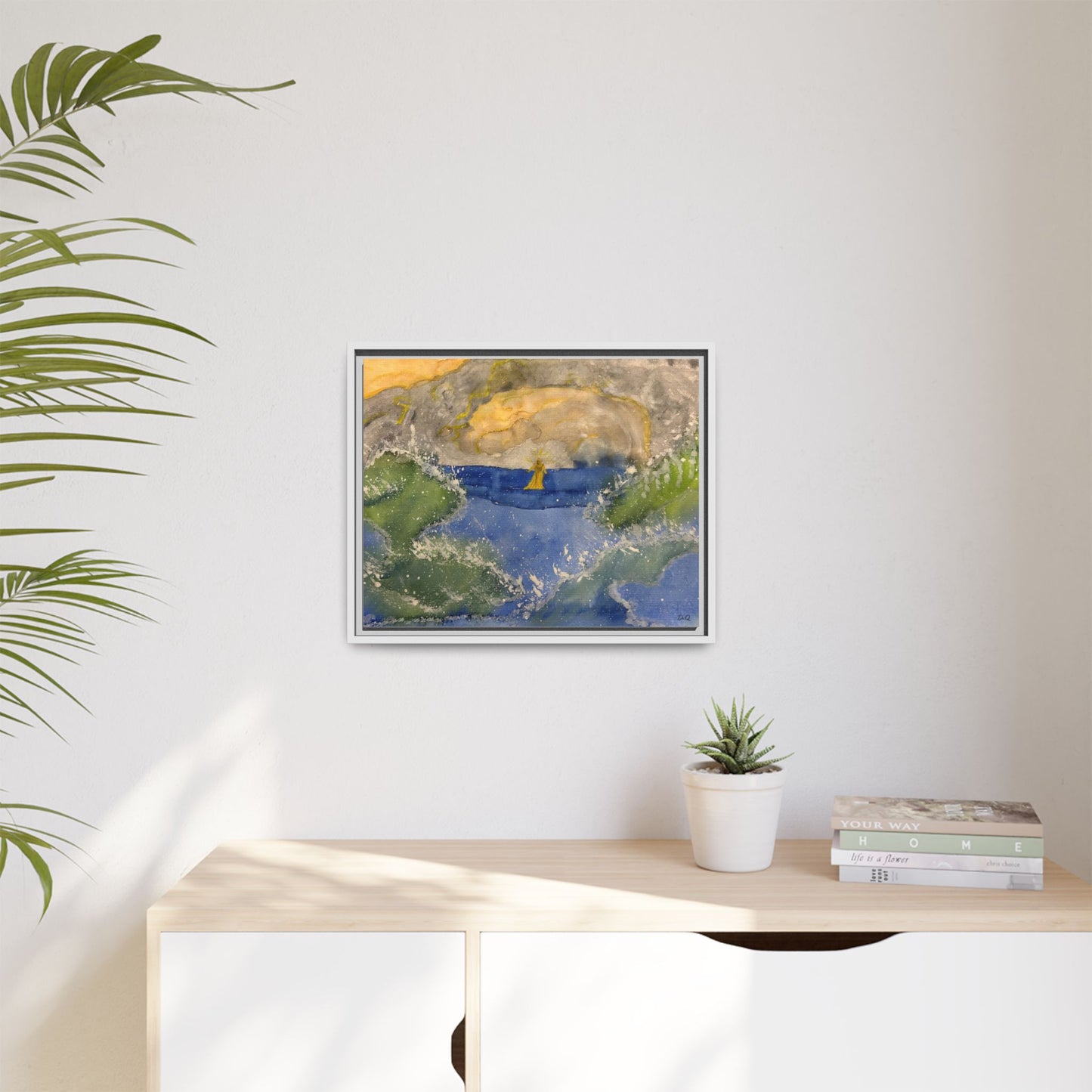"Faith in the Storm" Framed Matte Canvas Seascape — Golden Sail at Sunset